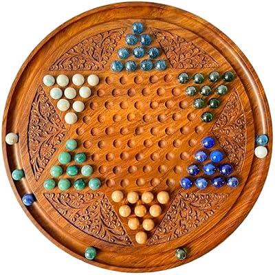 Handmade Wooden Chinese Checkers Board Game | 16 Large Deluxe Set with handcarved Design & Colorful Glass Marbles | Premium Strategy Tabletop Game for Adults, Family, Custom Gift