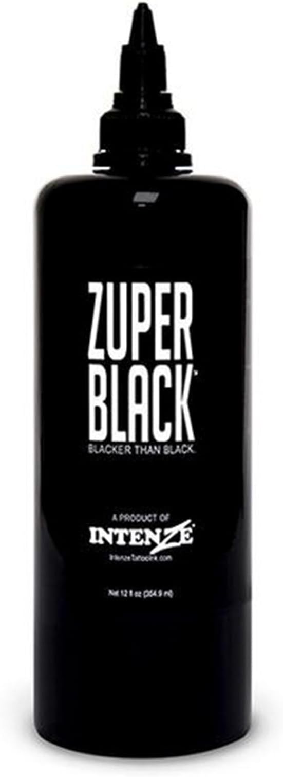 Intenze ZUPER Black Tattoo Ink 12 oz - Deep Black for Lining, Tribal and Blackwork - Sterilized, Vegan, Reach-Compliant, Made in the USA