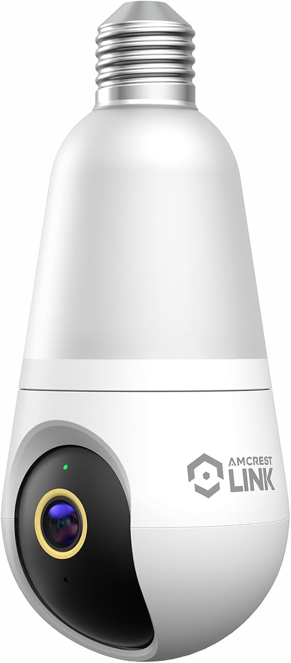 Amcrest Link 4MP Light Bulb WiFi Indoor/Outdoor Camera, Human Detection, 90.5 FOV, Pan/Tilt, IP45, AI Night Color, 2.4GHz/5GHz Dual Band Camera, Supports MicroSD Storage up 128GB