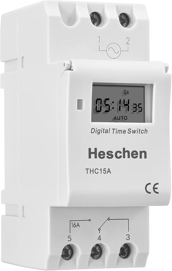 Heschen DC24V 16A Programmable LCD Timer Switch for 35mm DIN Rail, THC15A | Features 28 ON/OFF settings, 15 weekly combinations, and a 3-year battery backup