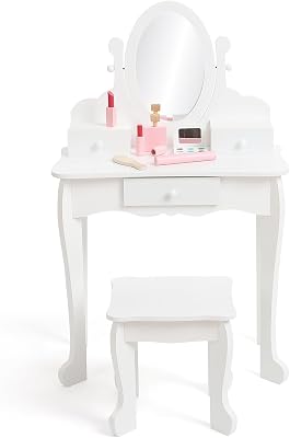 Kids Vanity Set with Mirror and Drawer - Pretend Play Dress-Up Fun with Wooden Makeup Playset for Girls 4-9 Yrs, White