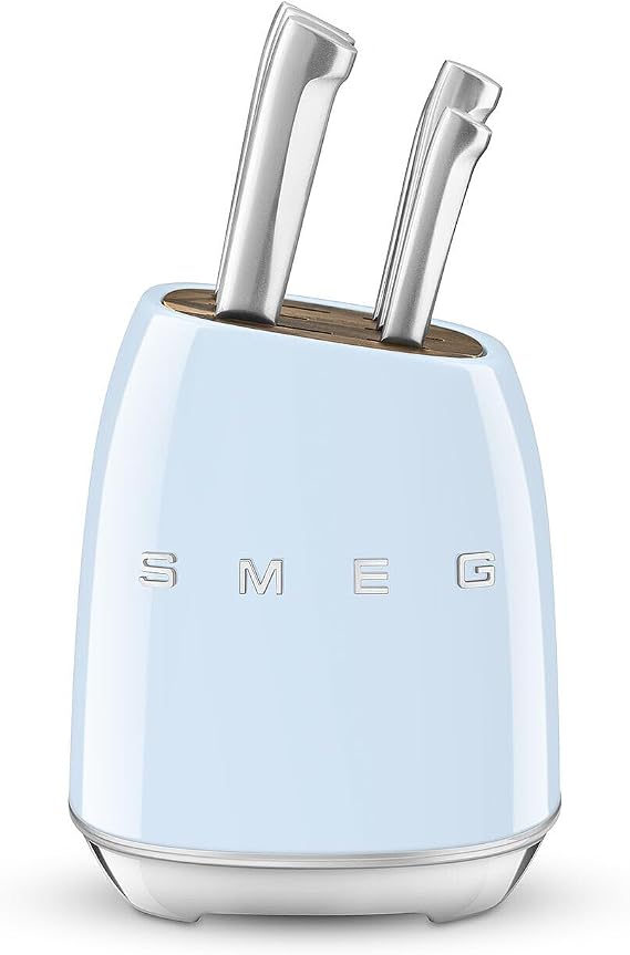 Smeg, KBSF02PB Knife Block, 6 Knives Included Stainless Steel, Stainless Steel Block Body and Acacia Wood Knife Slot, Azul Blue