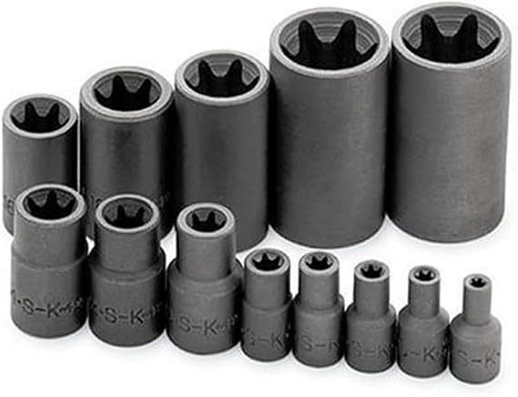 SK Tools USA 1/4" & 3/8" Drive, 13 Piece, Standard Female TORX Socket Set: E4 - E24 | 19761