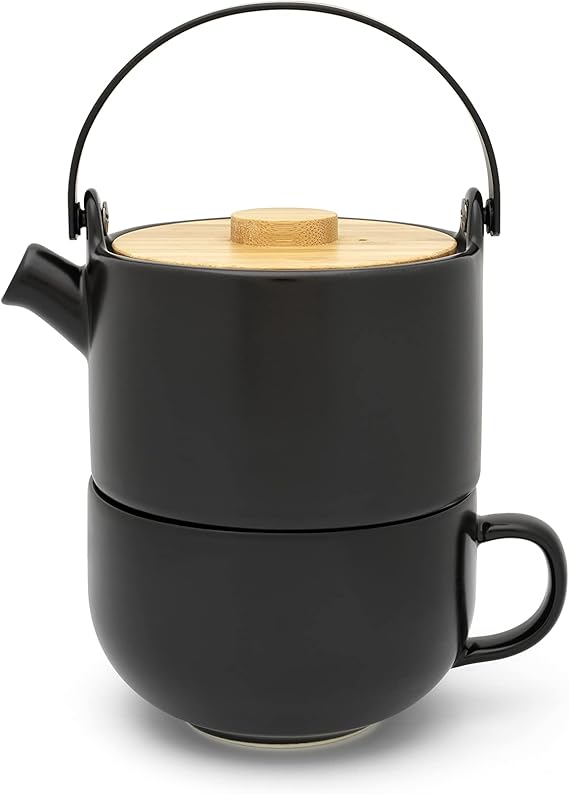 Bredemeijer 142008 Umea Tea-for-One Set Ceramic Matt Black with Bamboo Lid