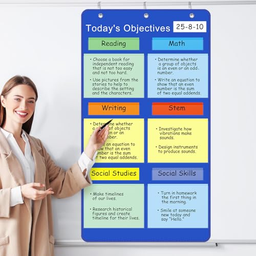 Feifeiya 17 Pcs Classroom Objectives Pocket Chart 24.41 x 45.28  Reusable Whiteboard with Hooks Teacher Supplies Classroom Organization Learning Goals DisplayClassic Style