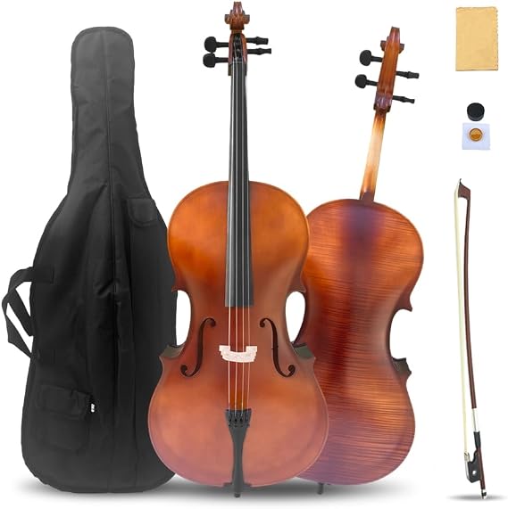 Vetimobato 4 String Acoustic Cello 1/8 for Beginners Flame Back Handmade Complete Cello Kit Spruce Wood Top Maple Wood Back with Bag & Bow (1/8 Brown Flame)