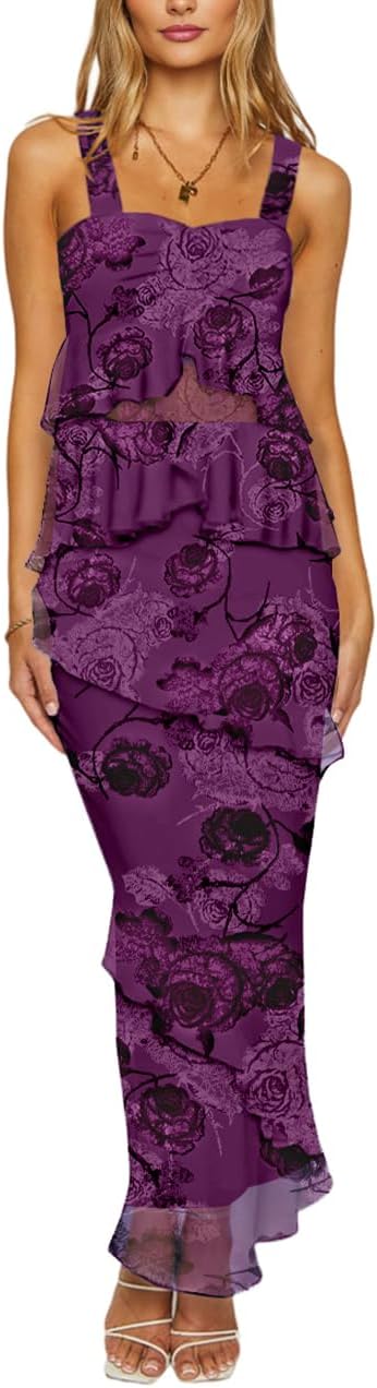 Lrady Women's Two Piece Skirt Sets Beach Formal Wedding Guest Sleeveless Peplum Ruffle Party Maxi Bodycon Dress Outfits