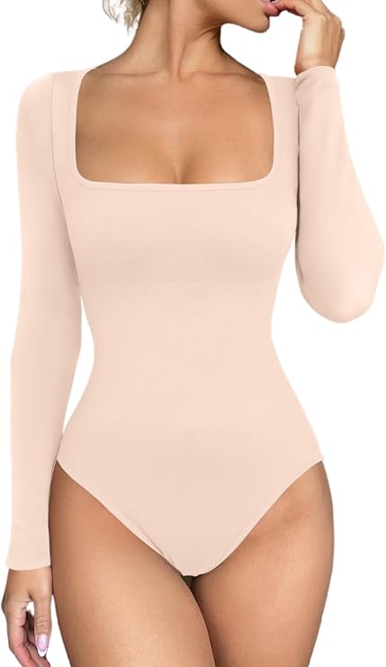 Meyeeka Women's Sexy Seamless Bodysuit Square Neck Body Suit Long Sleeve Top