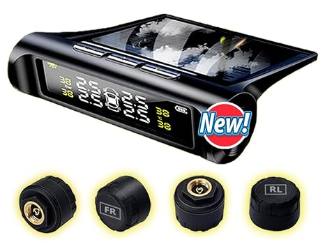 Tire Pressure Monitoring System TPMS Wireless RV TPMS Solar Tire Pressure Monitor System with 4 External Sensors & 5 Alarm Modes, LCD Display, Auto Sleep Mode, Easy to Install, Solar & USB Charge