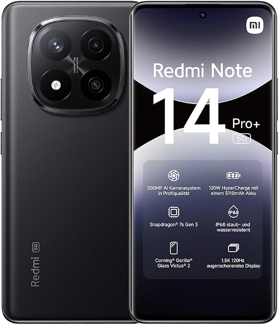 Xiaomi Redmi Note 14 Pro+ 5G smartphone, 12+512GB, black, 200MP pro-grade AI camera, IP68, 120W HyperCharge, AI features (no charger included),