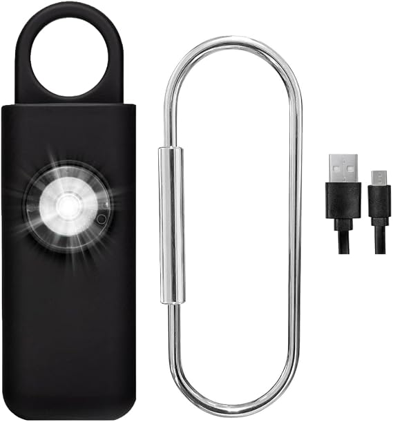 The Original Self Defense Siren Personal Safety Alarm for Women, Men, Kids, Elderly - SOS LED Strobe Light - Air Travel/TSA Friendly - Emergency Safe Key Chain Device, Pocket Size - Black Rechargeable