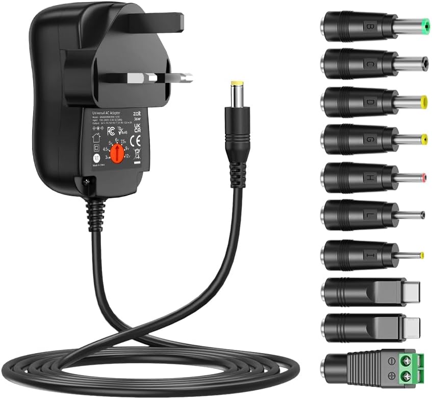 Zolt 36W Universal Power Adapter AC DC 3V 4.5V 5V 6V 7.5V 9V 12V Power Supply with 10 DC Plugs for Household Electronics, 3000mA Max