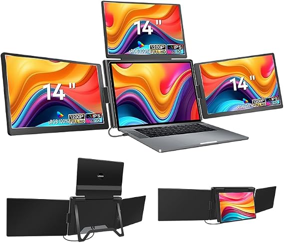 Docooler 14in Laptop Screen Extender 1200P FHD 16:10 Portable Quad Monitor 1 Cable for 3 Screens Folding Monitor Extender for 12-17.3in Laptops