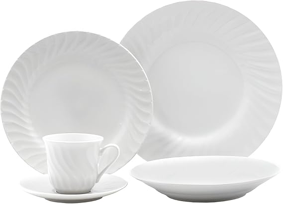 Lynns Paradise Imperial White 20pc Dinnerware Set Embossed Swirl Detail, Elegant Versatility, Timeless White Finish Includes Dinner Plates, Bowls, Cups, and Saucers, Full Tabletop Set