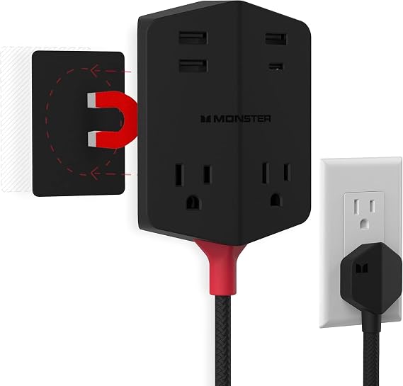 Monster Power Shield: Magnetic Wall Outlet Extender, Multiple Plug Outlet with 2 AC Outlets, 3 USB-A Ports, 1 USB-C Port (20W)