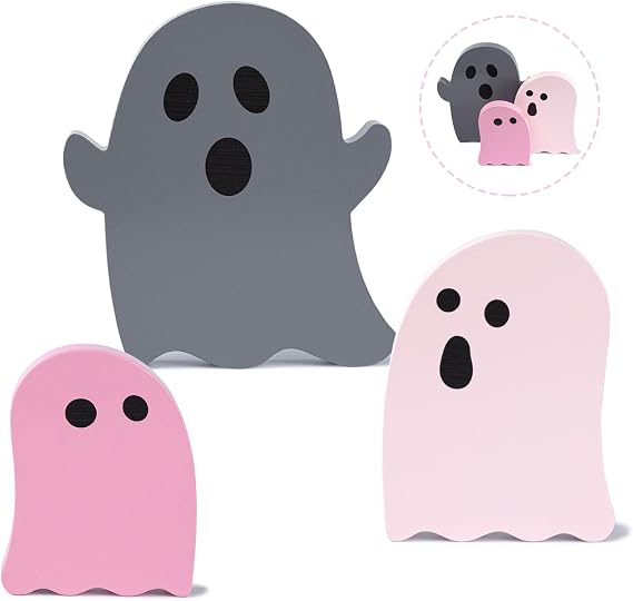 3Pcs Halloween Decorations,Cute Ghost Pink Office Decor,Halloween Tiered Tray Decor Wood Plank Signs Fall Decorations for Home,Holiday,Kid's Gift