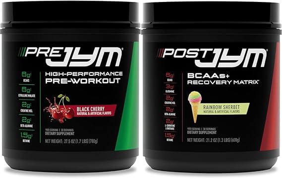 PRE JYM 30 Black Cherry & Post JYM Rainbow Sherbert Post-Workout 30 Servings Muscle Recovery Drink