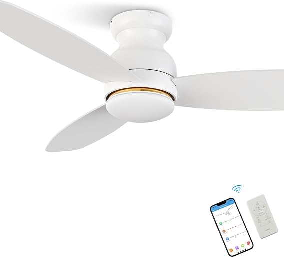 SMAAIR 48 Inch Smart Ceiling Fans with Lights,Flush Mount Ceiling Fan with Lights and Remote,Works with Siri/A-lexa/Google Assistant,3 Plywood Blades,10 Speed DC Motor,Indoor/Outdoor Use,White