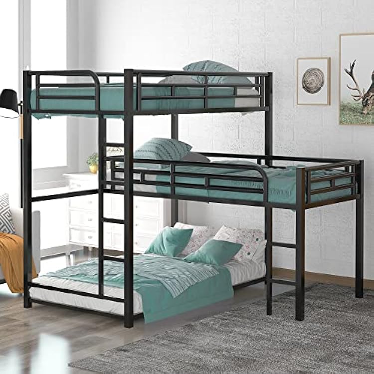 Metal Triple Bunk Bed,Twin Size L-Shaped Bunk Bed,Metal 3 Bed Bunk Beds Frame Attached Twin Loft Bed with Ladder -Length Guardrails,Kids Teens, Black