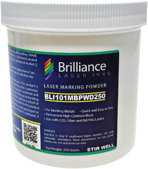 Brilliance Laser Inks 250 Grams Black Metal Marking Powder with Foam Brush | Permanent Durable High Contrast Laser Engraving Accessories for Fiber, YAG, and CO2 Laser Engraver BLI101MBPWD250