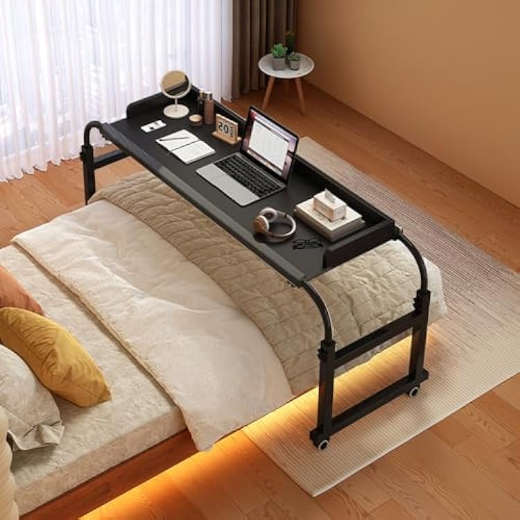 Overbed Table with Wheels, Over Bed Desk, Extendable Rolling Overbed Table, Height and Length Adjustable Mobile Table, Mobile Queen Size Bed Table, for Hospital and Home