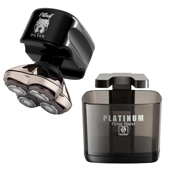 Skull Shaver Pitbull Silver Pro and Platinum Rinse Stand Bundle,Male Grooming Kit