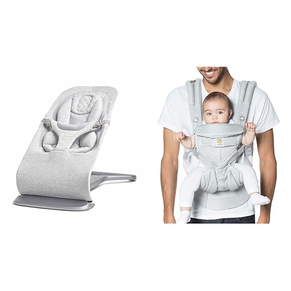 Ergobaby Evolve 3-in-1 Bouncer & Omni 360 All-Position Baby Carrier for Newborn to Toddler with Lumbar Support & Cool Air Mesh (7-45 Lb), Pearl Grey