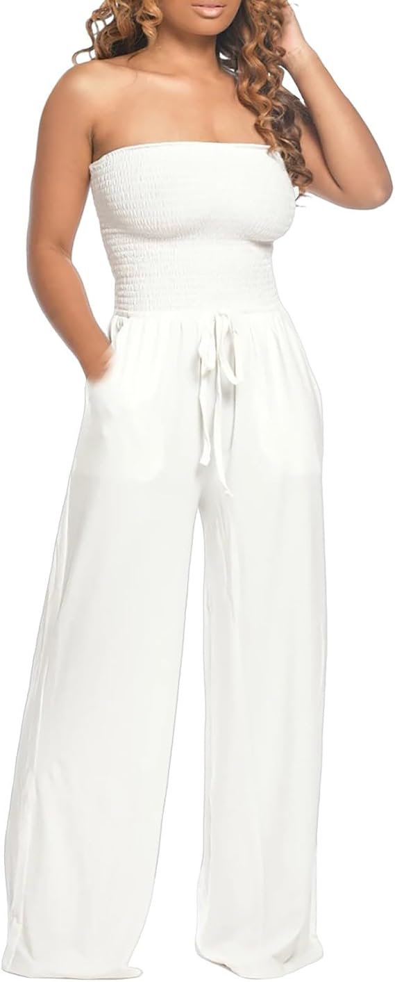 JiXiang Sexy Jumpsuits for Women Boho Strapless Wide Leg Smocked Romper Summer Casual Soft Flowy Pants Dressy Vacation Outfit