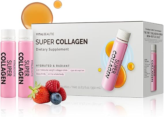 VITALBEAUTIE Super Collagen Drink 3,500mg LowMolecular Fish Collagen (5 Types) KBeauty Liquid Beauty Ampoules, Mixed Berry Flavor (Naturally & Artificially Flavored) 14 x 25 mL