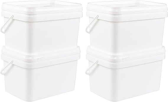 3 Gallon Plastic Utility Industrial Pail with Handle, 4-Pack, White | Stackable Rectangular Bucket with Lid, Thick Plastic Material, Fit for Industrial, Kitchen and Household Use