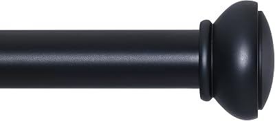 Black Curtain Rods for Windows 28 to 144 Inches Adjustable 1 Inch Diameter Decorative Single Window Curtain Rod Set with Rounded Cap design Finials, Black