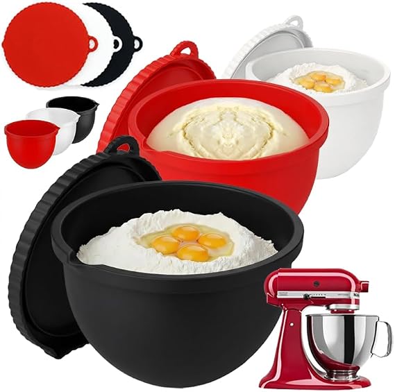 Silicone Liners for KitchenAid 4.5-5Qt Tilt-Head Stand Mixer with Lids, Thicker, Cold/Heat-Resistant & Non-Stick, Easy Clean, Kitchen Aid Accessories and Attachments for Baking and Cooking (3P-COLOR)