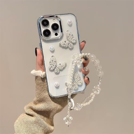 for iQOO Z9S Pro 5G / T3 Pro 5G Butterfly Phone Case, with Crystals and Pearls, Clear Soft TPU Shockproof Back Cover for Women Girls-Clear