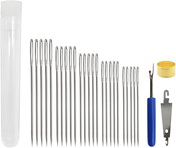 Tapestry Needles Five Sizes 14, 16, 18, 20, 24 - Large Eye Blunt Needles 28 PcsStitch Removal ToolThimbleThreader for Cross Stich and More (Silver-28pcs)