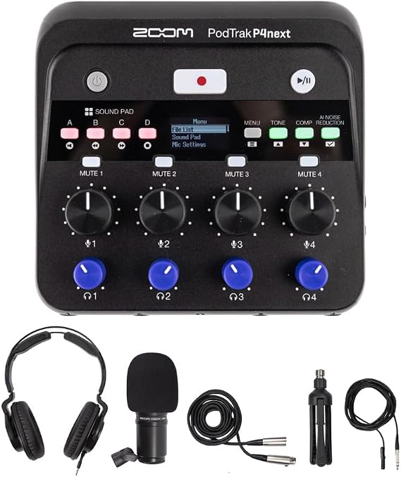 Zoom PodTrak P4 Portable Multitrack Podcast Recorder Bundle with Zoom ZDM-1 Podcast Pack