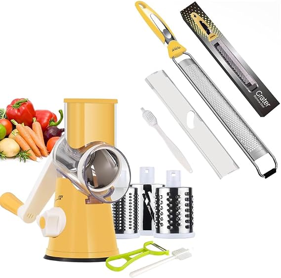 Ourokhome Rotary Grater Cheese Zester - 3 Drum Blades Round Mandolin Slicer and Stainless Steel Chocolate Zester