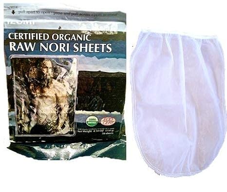 Raw Organic Nori Sheets 50 qty + Nut Milk Bag - COMBO - Certified Vegan, Raw, Kosher Sushi Wrap Papers - Premium Unheated, Un Cooked, untoasted, dried - RAWFOOD