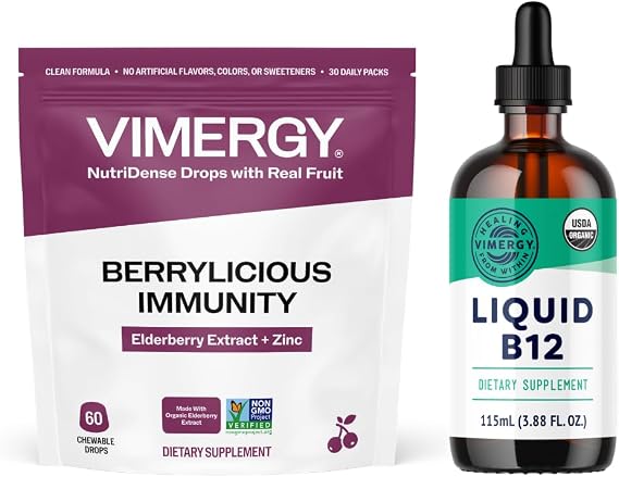 VIMERGY NutriDense Elderberry + Zinc Berrylicious Immunity* Chewables (60 Count) & Liquid B12 (115 mL)