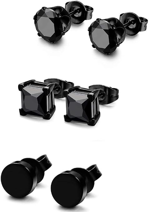 FIBO STEEL 3 Pairs Stainless Steel Black Stud Earrings Set for Men Women