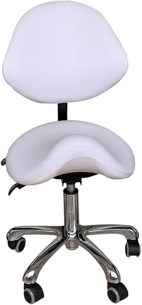 Heavy Saddle Stool Chair with Wheels and Backrest Swivel Height for Salon Spa Beauty Massage Dental Clinic Home Office Use(White)