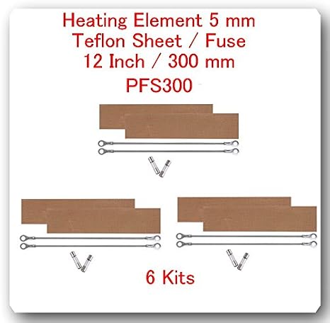(6 Kits) Replacement Elements for Impulse Sealer PFS-300 12"(6 Heating Elements 5MM +6 Teflon Sheets+ 6 Fuses)