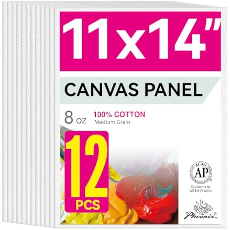 PHOENIX Painting Canvas Panels 11x14 Inch, 12 Value Pack - 8 Oz Triple Primed 100% Cotton Acid Free Canvas Boards for Painting, White Blank Flat Canvas Boards for Acrylic, Oil Paints