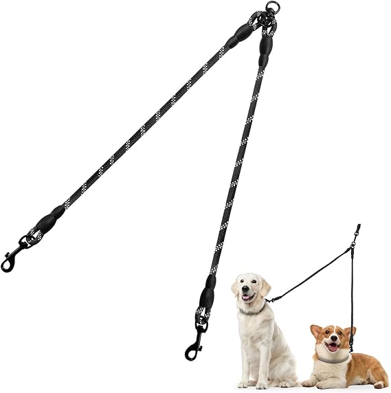 Taglory Double Dog Leash Coupler for Two Dogs, 1/3" Lightweight Dual Leash Extension for Small and Medium Dogs, No Tangle 360 Swivel, Reflective Rope, 30 Inch, Black