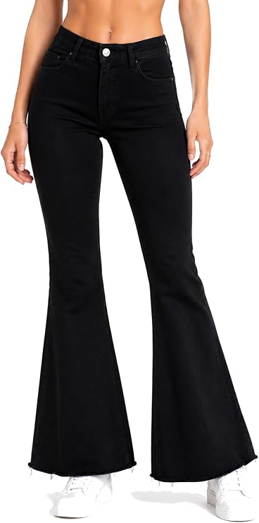 Women's High Rise Stretch Flare Jeans Raw Hem Bell Bottom Denim Pants
