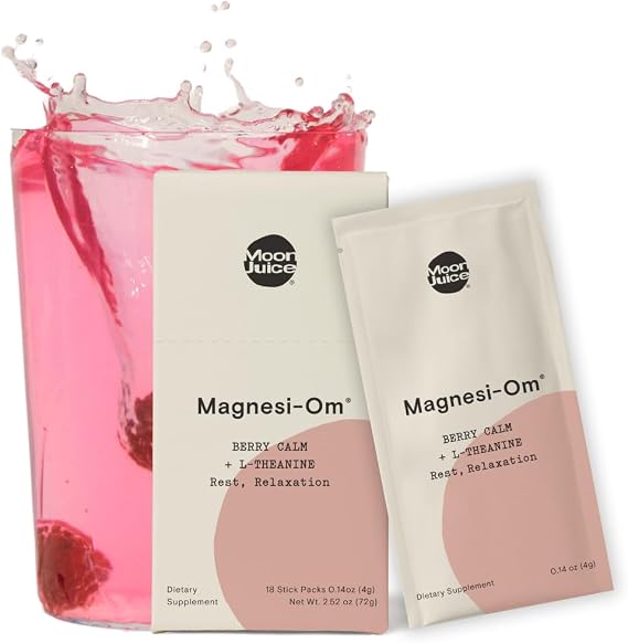 Moon Juice, Magnesi-Om Magnesium Sticks, Relaxation, Berry, 18ct | L-theanine blend, rest & regularity, vegan, non-GMO, sugar-free, single-serve 0.14oz packets