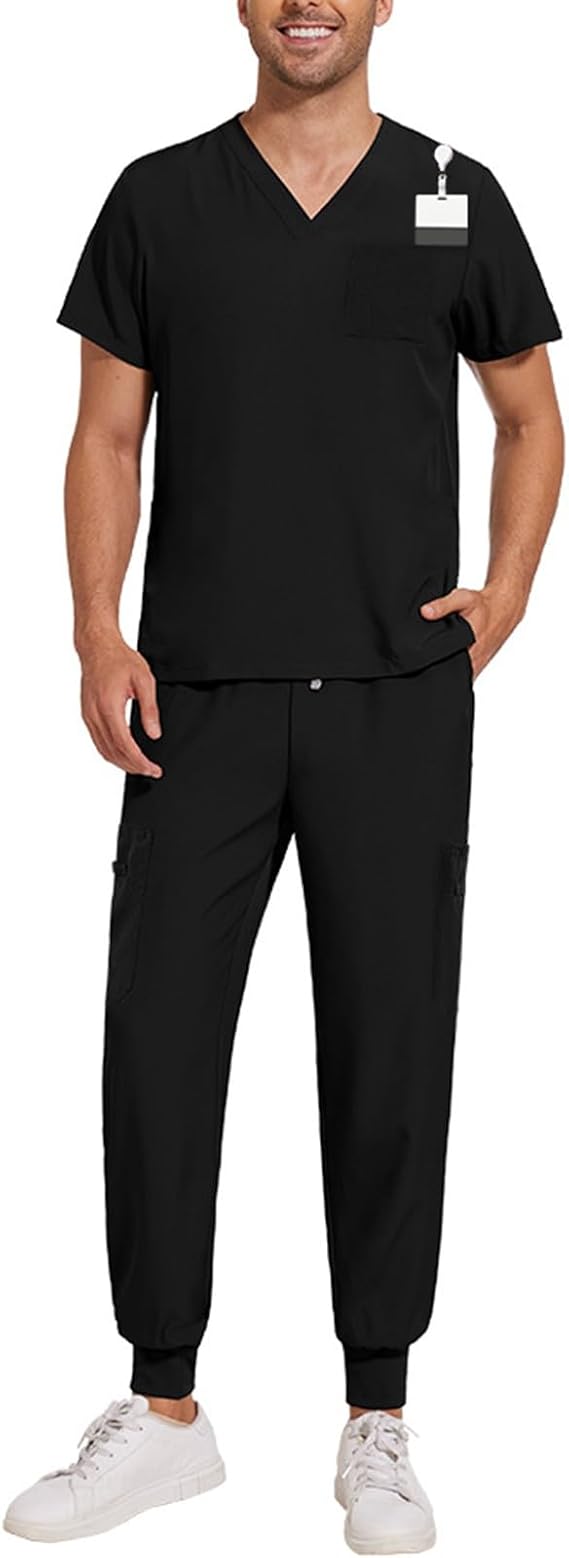 Scrubs for Men Mens Scrubs Set Stretch Short Sleeve V-Neck Uniform Scrub Top & Jogger Pant Medical Sets with Pockets