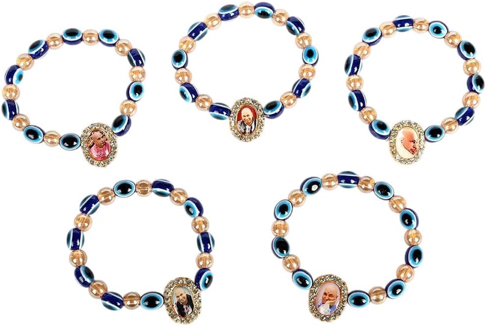 SATVIK 5 Pc Evil Eye Jai Guruji Beads Bracelet Handmade Bracelets Jai Chhatarpur Guruji Blessing Positive Vibes Shukrana Satsang Jai Guru Ji Maharaj Wrist Band Bulk Return Gifts