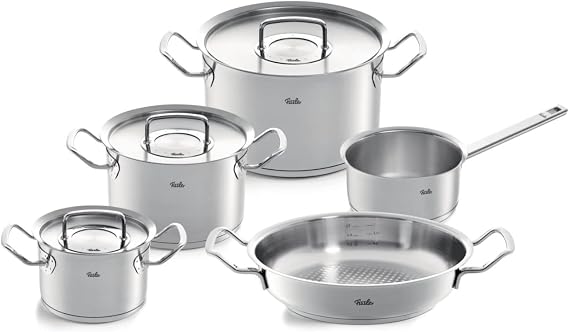 Fissler Original-Profi Collection 5-Piece Stainless Steel Cooking Pot Set with Metal Lid (3 Saucepans Including Lids, 1 Serving Pan, 1 Saucepan) - Induction, Silver, 084-388-05-001/0