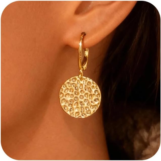 ALEXCRAFT 14K Goldplated Silver Hammered Coin Dangle Earrings for Women | Geometric Hammered Round Disc Coin Drop Earring Hypoallergenic Lightweight Statement Leverback Earrings Women Trendy Jewelry