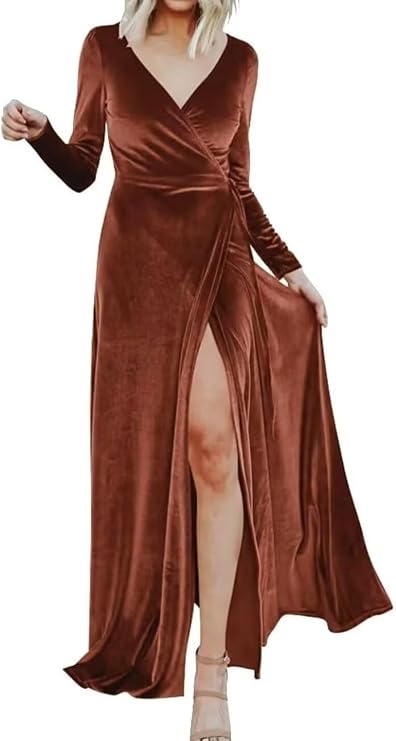 Velvet Slit Bridesmaid Dresses for Women A-line Floor Length Evening Gown Long Sleeve Pleated Formal Dresses